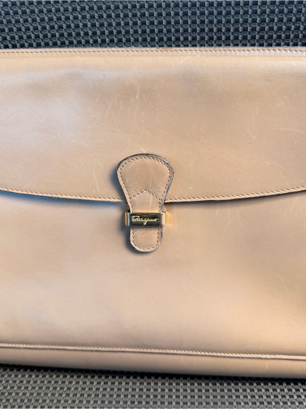 Salvatore Ferragamo Taupe Leather Laptop Bag with Gold-Tone Hardware
